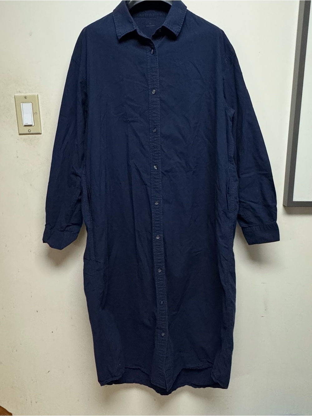 MUJI Women's Long Cotton Shirt Dress In Navy With Pockets Minimalist Size: Large